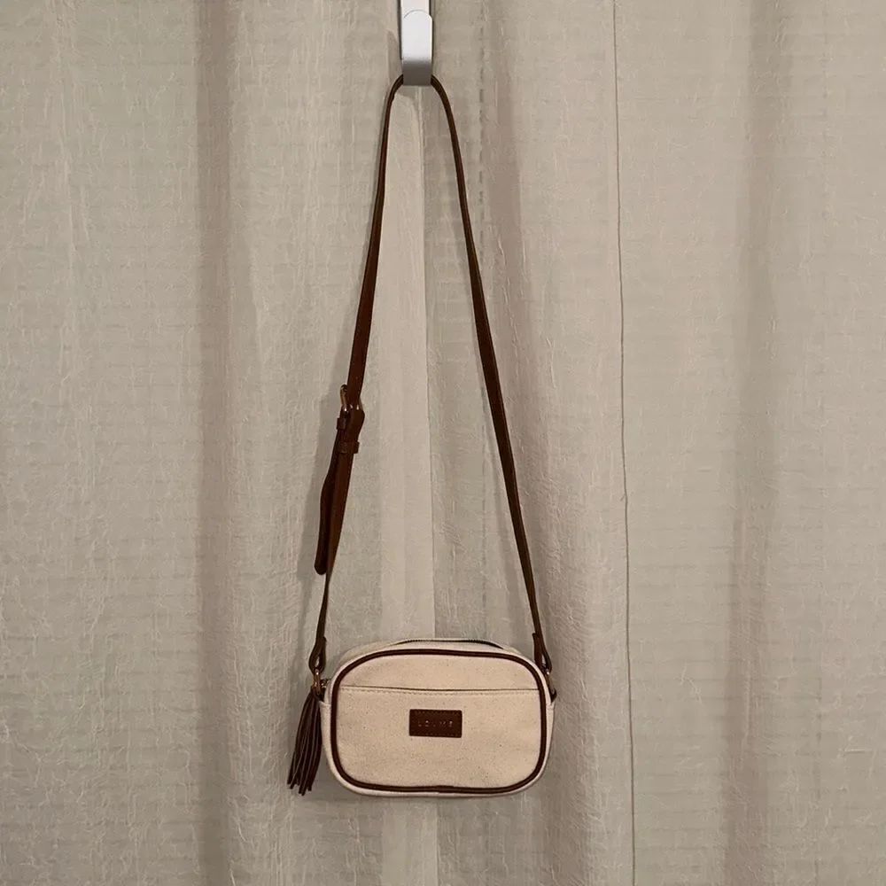 LOUME Ivory Cotton Canvas Faux Cognac Leather Small Crossbody Bag Purse